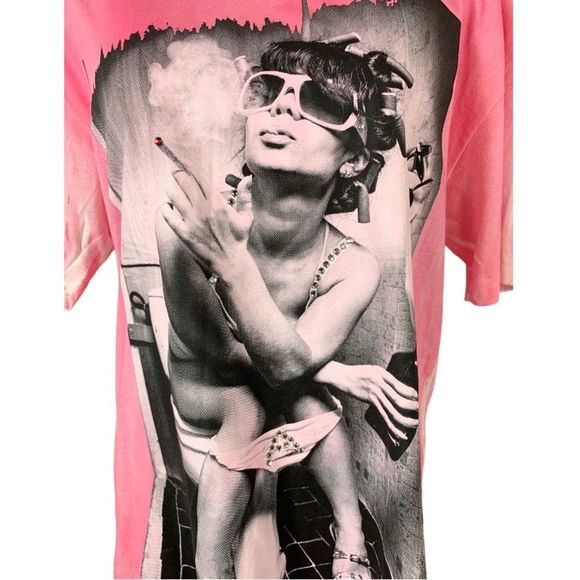 Project Miami Glam Girl Smoking Rhinestone Pink Acid Wash T-Shirt - Picture 4 of 6